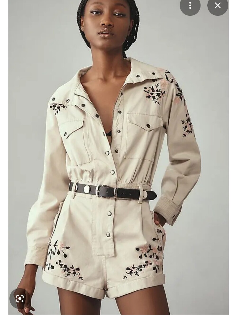 Anthropologie Beige Embroidered Utility Romper